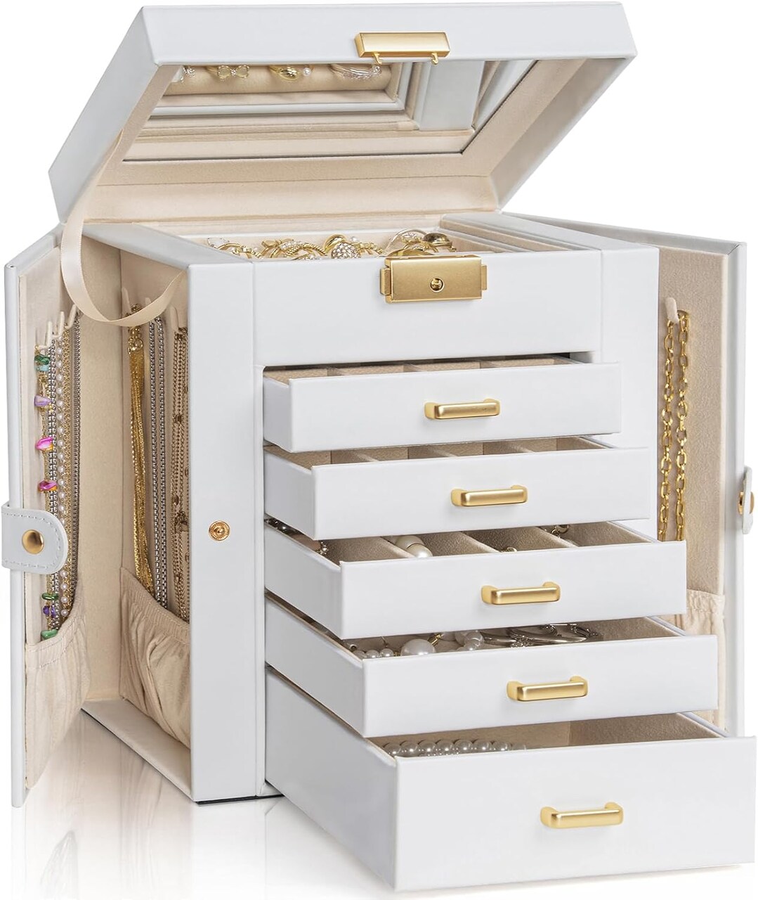 6-Tier Jewelry Box Lockable Leather Jewelry Storage Case with 5 Drawers for Women Girls Ring Necklace Earring Bracelet Holder Organizer with Mirror
